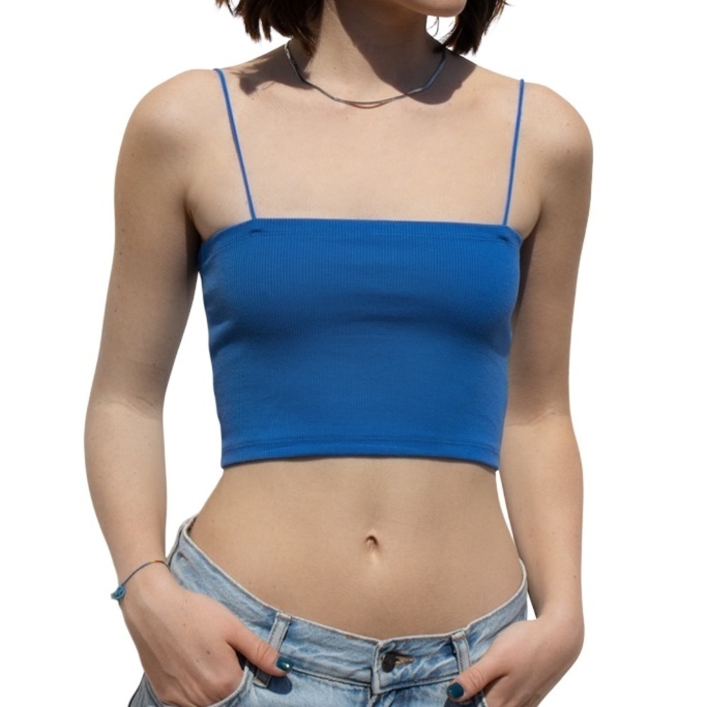 SUBDUED Thin Spaghetti Strap Bandeau Cropped Cami Top Ribbed Blue S/4